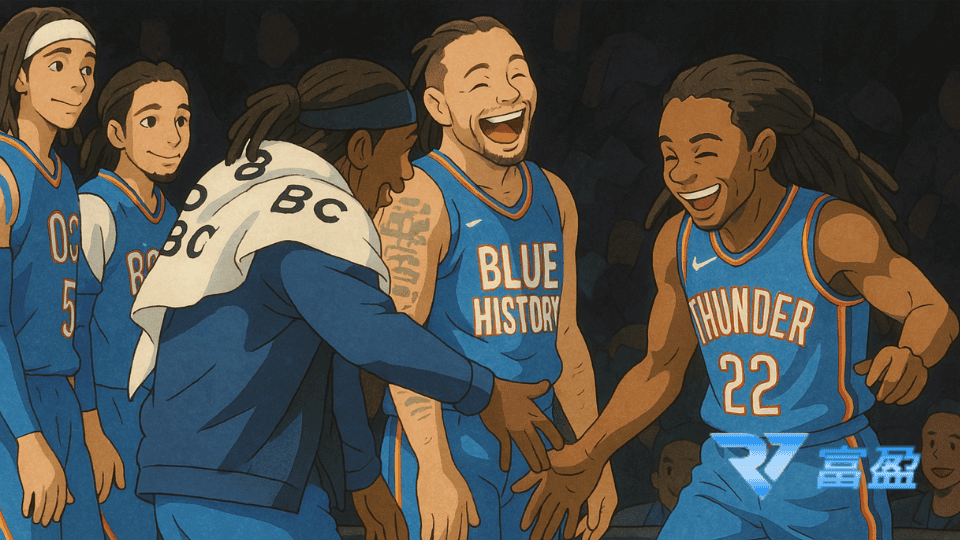 這是一張吉卜力風格化的NBA雷霆隊照片,RV富盈娛樂城解釋NBA雷霆隊截至2025清明節前的球隊狀況、球員細節,以及下注的技巧