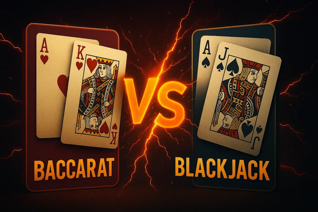 百家樂與Blackjack撲克牌對決圖，橘紅閃電特效背景