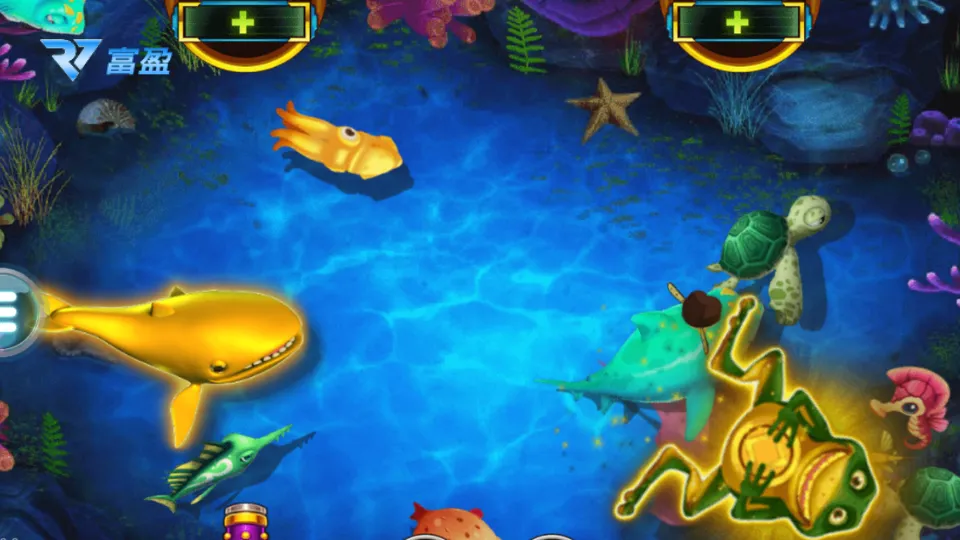 RV富盈娛樂城捕魚機遊戲畫面截圖,海底魚群與彈道操作介面展示