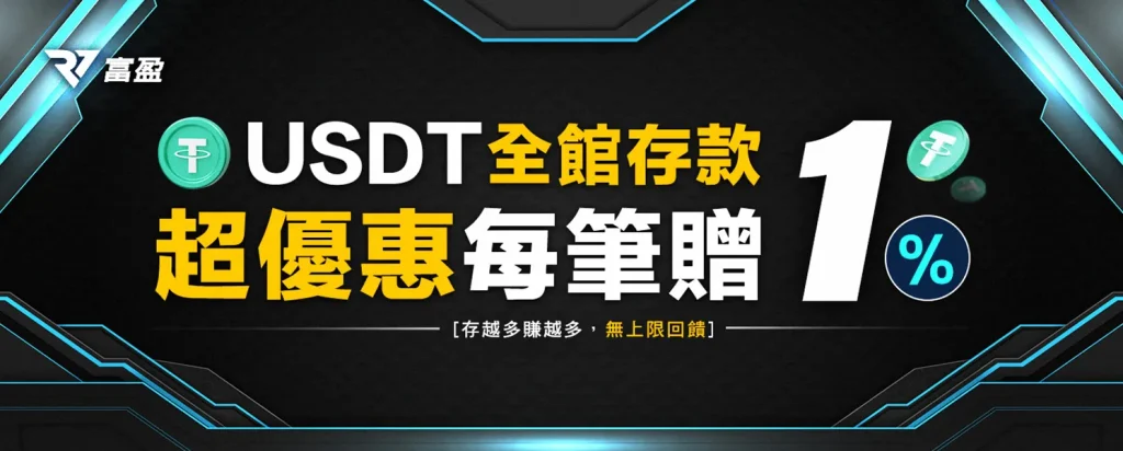 RV富盈娛樂城USDT全館超優惠，每一筆贈送1%回饋，只需一倍流水即可